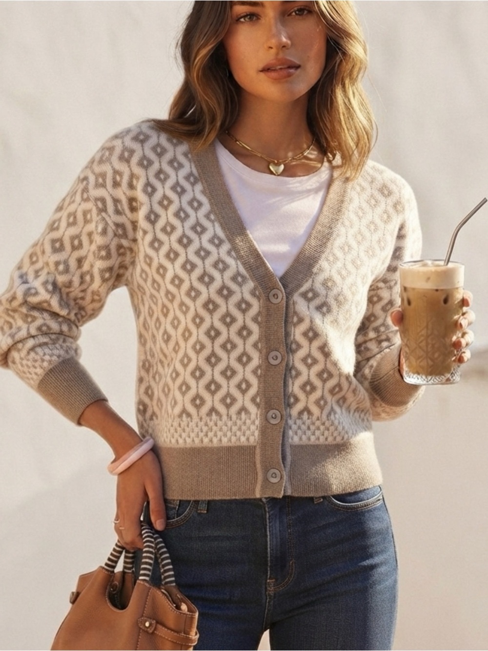 CUPCAKES AND CASHMERE Women’s Knit Buttoned Cardigan Sweater Geometric Tan Sz XS
